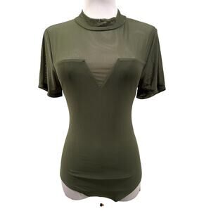 REORIA Olive Green Mesh Mock Neck Bodysuit XL Sheer Short Sleeve Going Out Club
